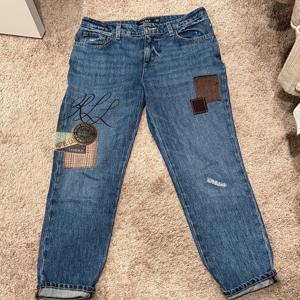 Lauren Ralph Lauren Blue Boyfriend Jeans with Patchwork